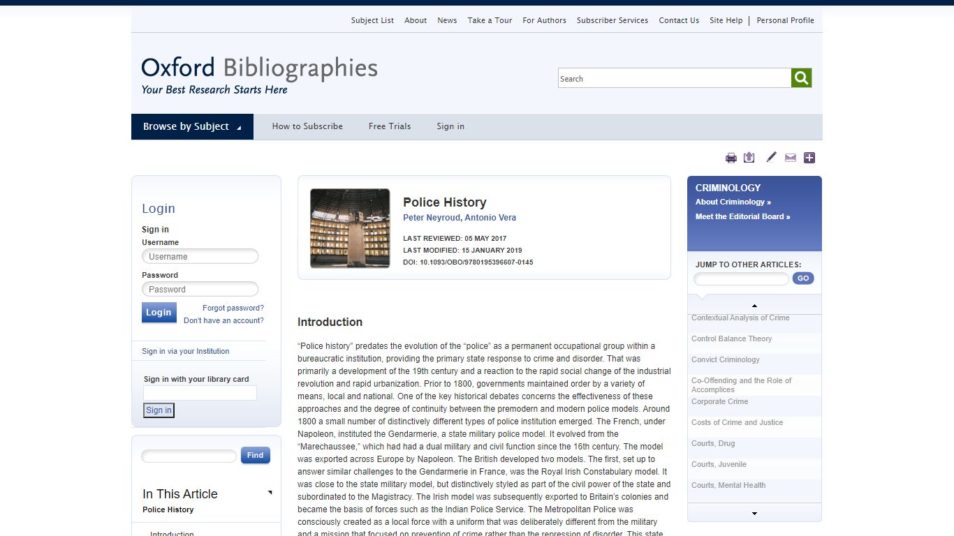 Police History - Criminology - Oxford Bibliographies - obo